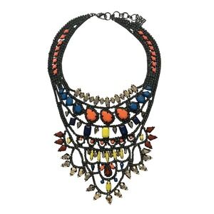 Multi-Color Statement Bib Necklace Gunmetal Rhinestone Tiered Resin Stone